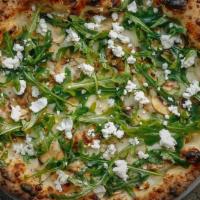 Toscana Pizza · Pizza in bianco, fior di latte, mushroom, goats cheese and arugula. Vegetarian. Nut free.