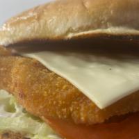 Classic Chicken Burger · Crispy chicken breast comes with cheese, lettuce, tomatoes, pickles, and mayonnaise.