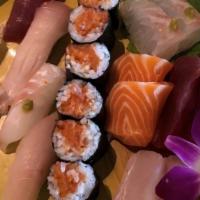 Sushi Sashimi Combination Plater W/ Cucumber Roll · 15 Pieces & 1 Roll