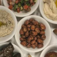 Vegetarian Combo · Sampling of hummus, baba ghanouj, foul, spinach Fatayer, falafel, grape leaves, Arabian salad.