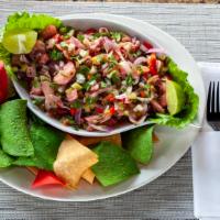 Ceviche Mixto · Fresh tilapia and shrimp marinated in fresh lime juice, red onions, cilantro, ginger, celery...