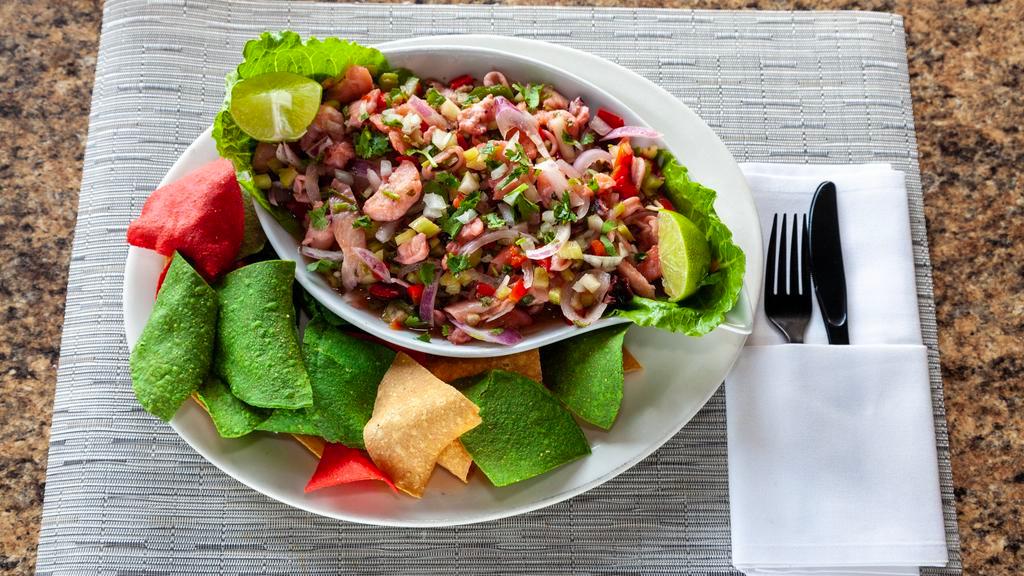 Ceviche Mixto · Fresh tilapia and shrimp marinated in fresh lime juice, red onions, cilantro, ginger, celery and jalapeno peppers.