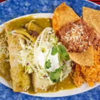 Enchiladas Suizas · choose from either: chicken, beef, carnitas, cheese or vegetables topped with green sauce, c...