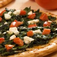 Greek Style Pizza · Mozzarella cheese, feta, spinach, tomatoes, olive oil, garlic.
