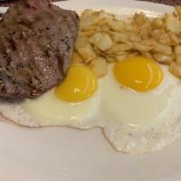 Y. Strip Steak & Eggs · 10 oz. NY Strip with two eggs any style, home fries, and toast