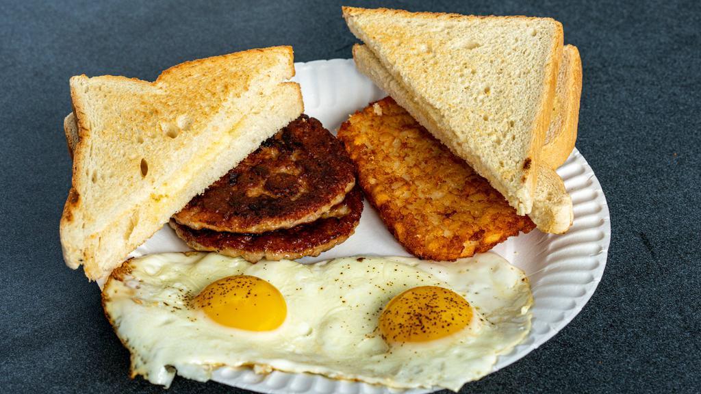 Breakfast Platter · 2 eggs, choice of meat with toast and hash brown patty.