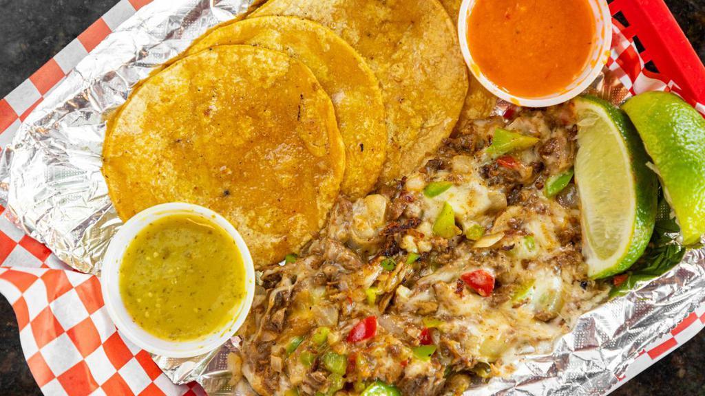 Alambre · Choice of meat, cheese, onion, and bell peppers. Comes with 6 mini corn or 5 mini flour tortillas.