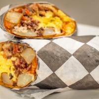 Breakfast Burrito · Home fries topped with choice of meat, scrambled eggs, cheddar, park sauce.