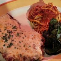 Chicken Parmesan · Hand breaded, pan fried chicken breast, topped with homemade marinara and mozzarella, accomp...