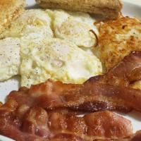3 Eggs , 3 Bacon, Hash Brown, Toast W/Jelly · Come with three eggs,  three bacon, hash browns and toast and jelly.