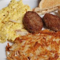 2 Eggs, 2 Sausage, Hash Brown, Toast W/Jelly  · Comes with hash browns two sausage and toast jelly.