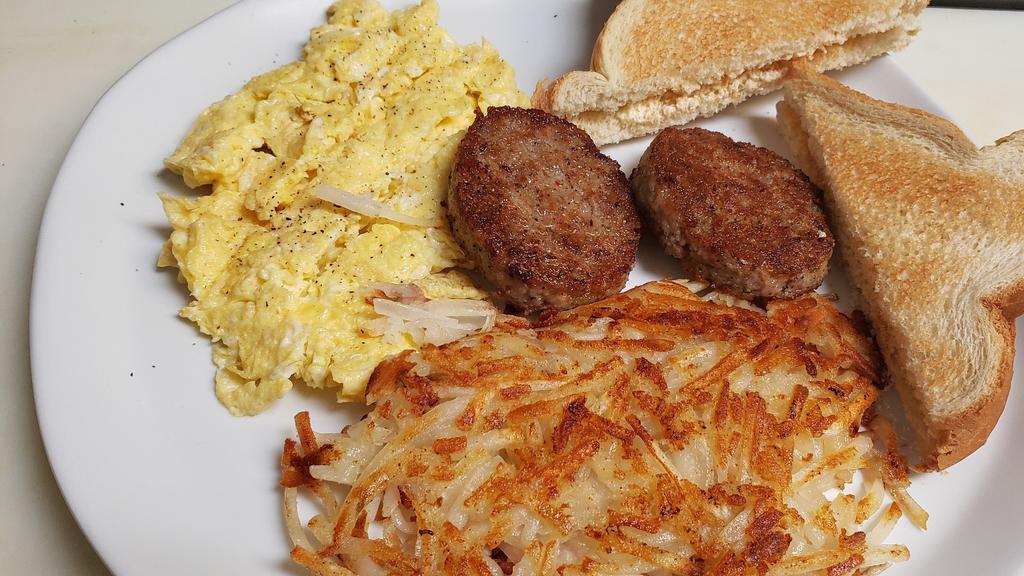 2 Eggs, 2 Sausage, Hash Brown, Toast W/Jelly  · Comes with hash browns two sausage and toast jelly.