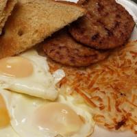 3 Eggs, 2 Sausage, Hash Brown, Toast W/Jelly · Come with 3 eggs, two sausage, hash brown and toast jelly.