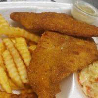 2 Pieces Of Golden Fried Catfish · Two 6-8 oz. catfish deep golden fried with choice of french fries or salad and Texas toast.