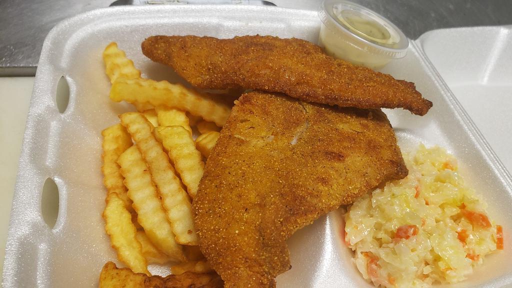 2 Pieces Of Golden Fried Catfish · Two 6-8 oz. catfish deep golden fried with choice of french fries or salad and Texas toast.