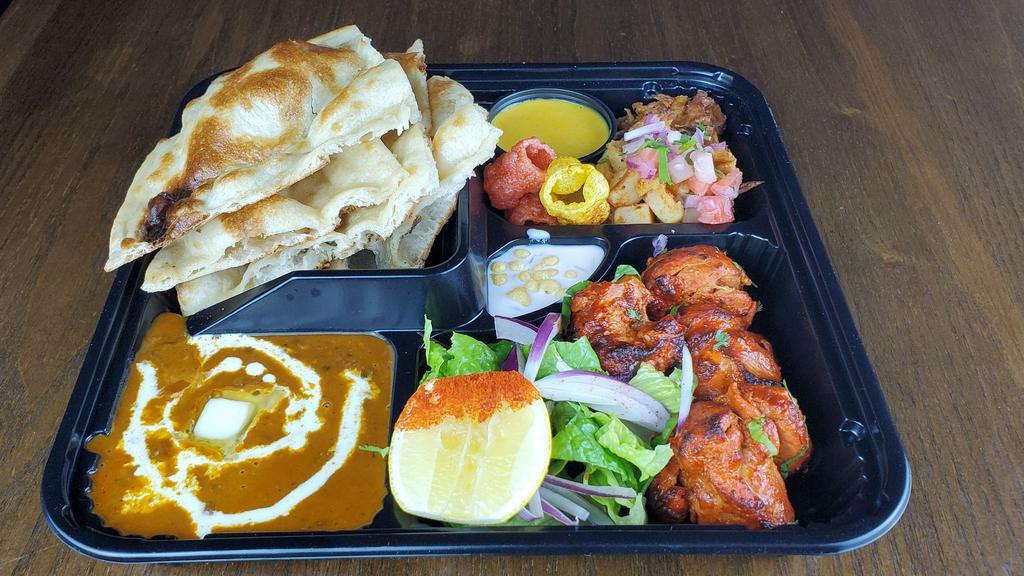 Charcoal Chicken Kebab Mealbox  · choice of charcoal smoked kebob /  choice of lentil / choice of rice-bread