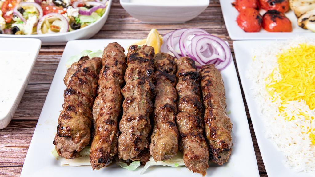 8-10 Guests · Salad & fresh onions included.  Mix and match Joojeh/Koobideh (13 skewers). Veggie kabob (3 skewers). Steamed basmati rice (1 tray). Appetizers (2 choices).