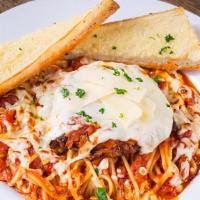 Chicken Parmigiana Pasta · Breaded chicken breast baked with marinara sauce topped with baked mozzarella cheese, shaved...