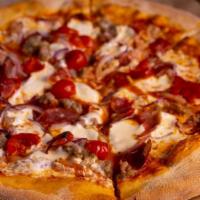 Four Fathers · bacon, pepperoni, sausage, prosciutto, mozzarella, sliced red onion, cherry peppers.