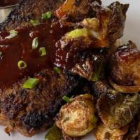 Bbq Meatloaf · mashed potatoes, charred brussels, honey thyme butter.