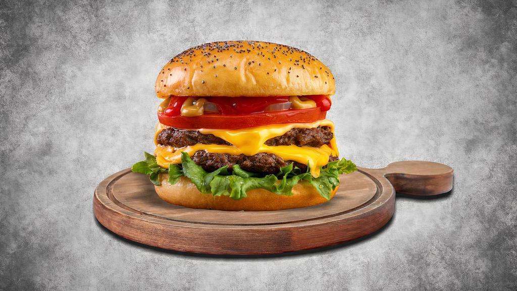 Classic Double Delight Cheeseburger · Our signature double patty with fresh lettuce, tomatoes, pickles, bacon, and American cheese in our signature buns.