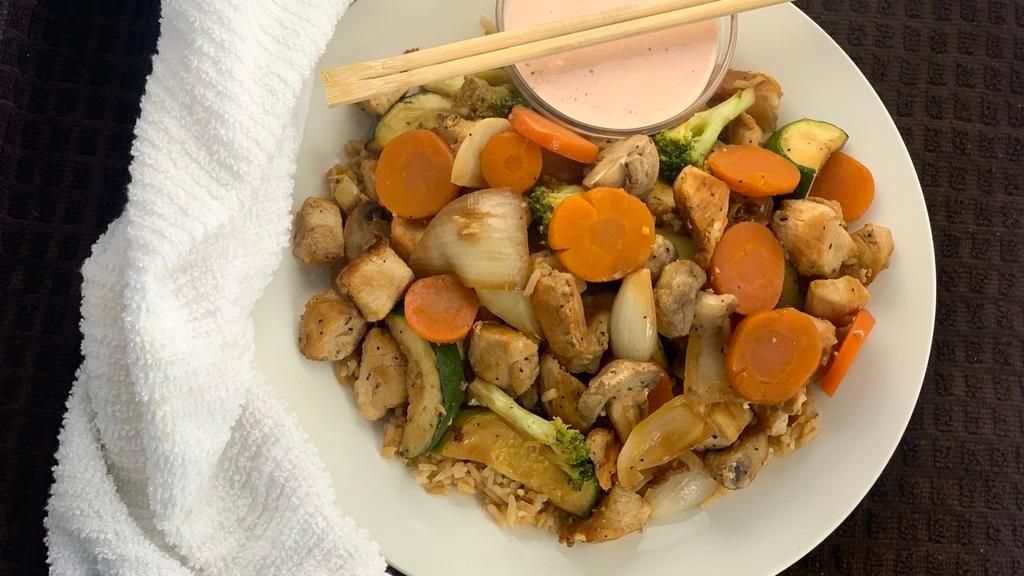 Hibachi Chicken · served with mix vegetables .sweet carrots broccoli.mushroom.onion and zucchini.fried rice or white rice.