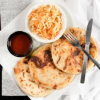 7- Pupusas (Los Planes De Planes De Renderos Style) · Cheese with loroco, beans with cheese, combo, accompanied with delicious curtides honey sals...
