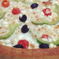 Mediterranean   · Pizza Cheese, Feta Cheese, Green Peppers, Black Olives, Fresh Tomatoes and Oregano.