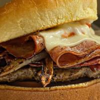 Providence Burger · Grilled Ham & Salami , Bacon, Pickles, Tomatoes, Caramelized Onions, American Cheese with Ma...