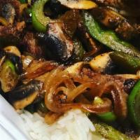 Steak Tips With Rice · Marinated Steak Tips with Grilled mushrooms, Grilled Onions, Grilled Green Peppers.