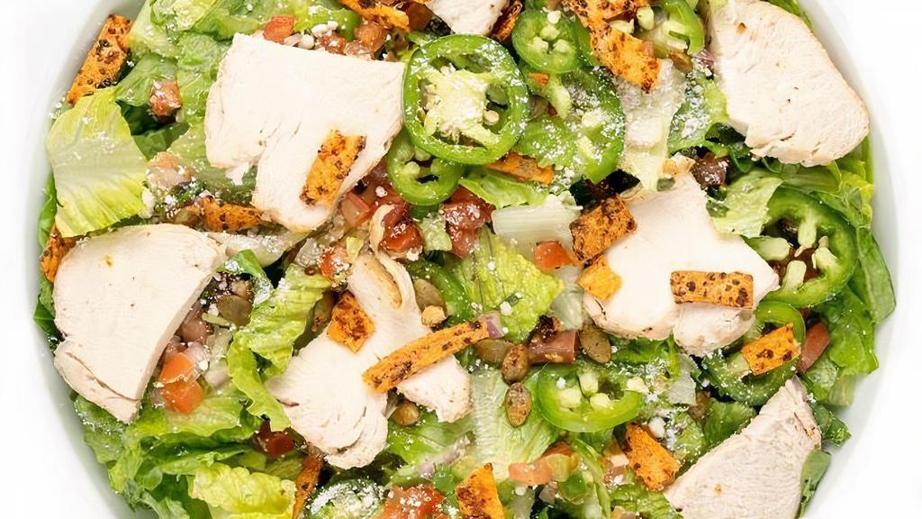 Mexican Caesar · Grilled Chicken Breast, Romaine, Pico de Gallo, Jalapeno, Toasted Pepitas, Chili-Lime Tortilla Strips, Cotija Cheese. . Recommended Dressing: Creamy Cilantro-Lime Caesar.