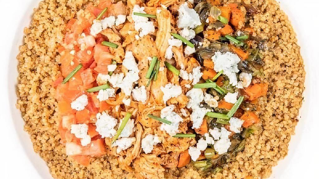 Buffalo Chicken · Shredded Buffalo Chicken (may sub Buffalo Cauliflower Bites), Quinoa Blend OR Cauliflower Rice,  Roasted Carrot, Celery and Onion Blend, Diced Tomato, Gorgonzola, Chives. . Recommended Dressing: Ranch