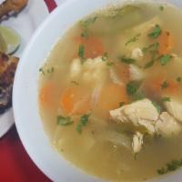 Sopa De Pollo · Chicken soup. Broiled chicken thigh and leg bone-in with mix vegetables.