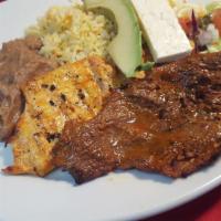 Plato Tipico · Carne asada and chicken breast with avocado and Salvadoran cheese, rice, refried beans, and ...