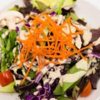 Sm House Salad · Organic mixed greens, tomatoes, mushrooms, red onions, carrots, mustard vinaigrette dressing