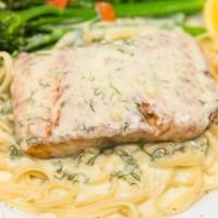 Salmon Dill, Fresh · Creamy dill, sautéed broccolini, pasta