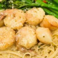 Shrimp & Scallop Scampi · Olive oil, garlic, lemon, butter on linguini with fresh broccolini