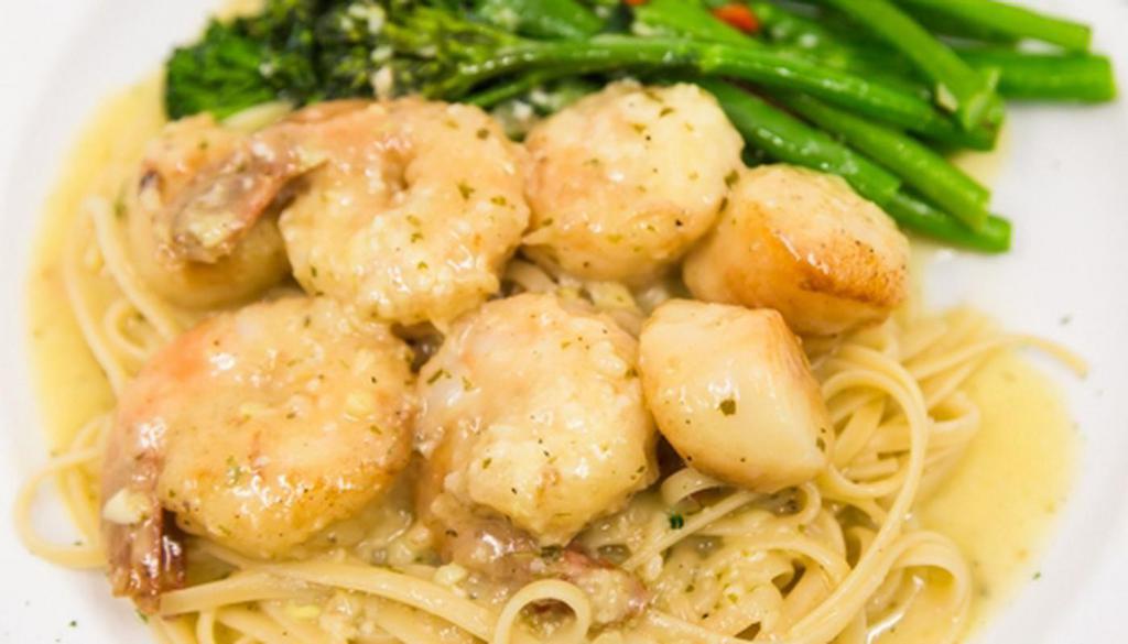 Shrimp & Scallop Scampi · Olive oil, garlic, lemon, butter on linguini with fresh broccolini