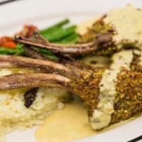 Grilled Lamb Chops · Dijonnaise sauce, gorgonzola mashed, fresh steamed asparagus