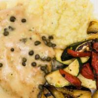 Chicken Piccata · Piccata — Wine, butter, lemon, parmesan, romano cheese, capers, with seasonal vegetables and...