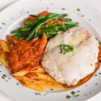 Chicken Parmesan · Parmigiana—Mozzarella cheese, and marinara sauce, with seasonal vegetables and creamy risott...