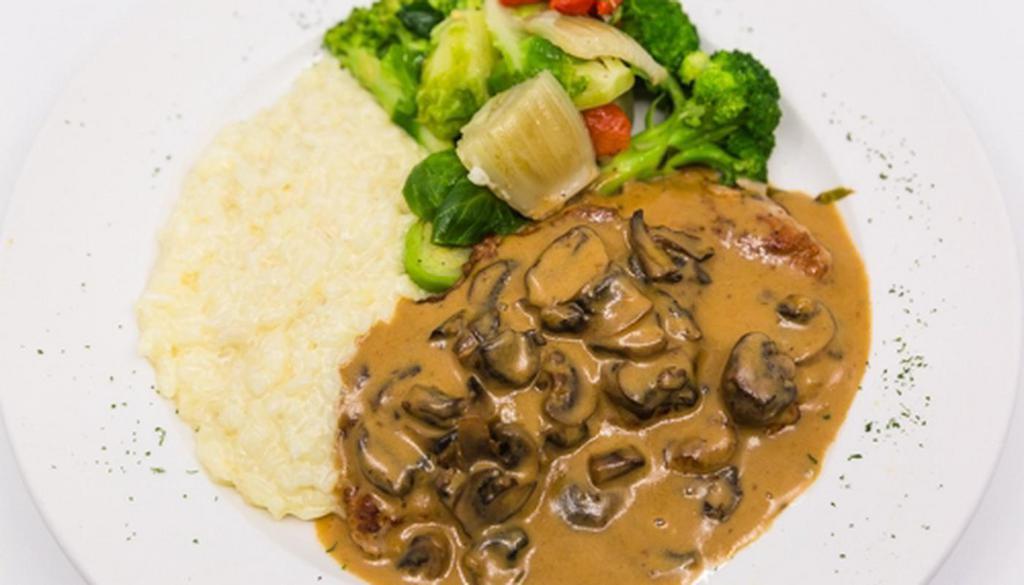 Veal Marsala · Marsala — Wine sauce, button mushrooms, fontina cheese, with seasonal vegetables and creamy risotto or penne marinara