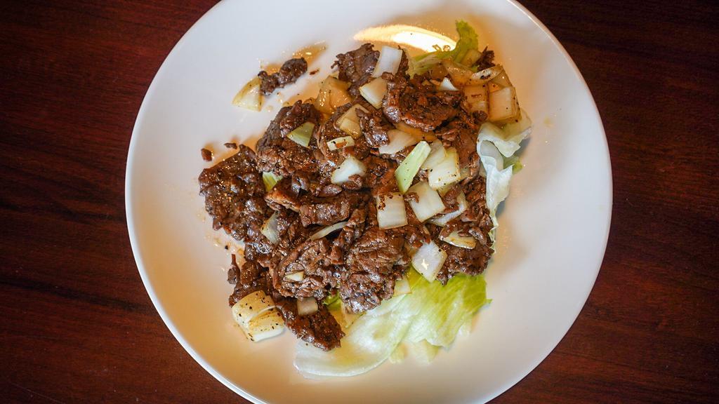 Black Pepper Steak · Julienned beef with black pepper. It is the most popular dish so far.