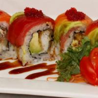 Zombie Roll · Inside: tempura soft shell crab, and avocado top: tuna, salmon, fish egg, avocado with chef'...