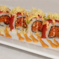 Red Dragon Roll · Inside: spicy tuna and crunch, top: tuna, fish egg, avocado crunch with chef's special sauce.