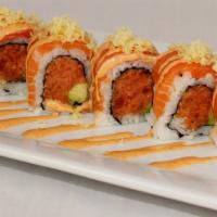Tiger Roll · Inside: spicy tuna, avocado top: salmon fish egg, crunch and chef's special sauce.