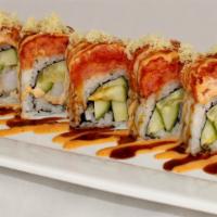 Sioux Falls Roll · Inside: shrimp tempura and cucumber top: spicy tuna, crunch with chef's special sauce.