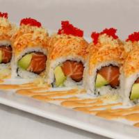 Autumn Of Sd · Inside: salmon and avocado top: spicy crab, crunch, fish egg and chef's special sauce.