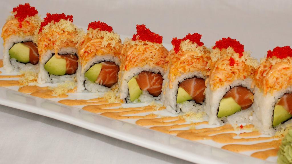 Autumn Of Sd · Inside: salmon and avocado top: spicy crab, crunch, fish egg and chef's special sauce.