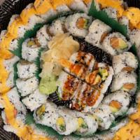 Party Tray (A) · Served roll: California, salmon avocado, spicy tuna, spicy salmon, spicy crab, shrimp tempura.
